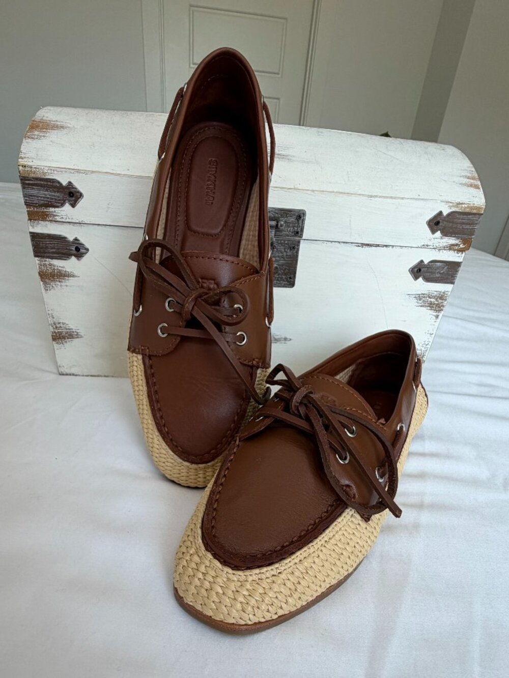 SIMKHAI Raffia Leather Loafers Boat Shoes Danner Sable Brown Size 7 EU 37 NEW